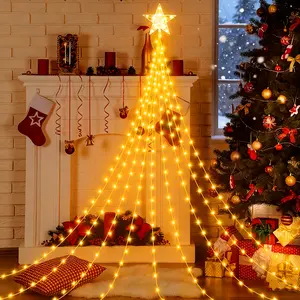 1 solar pentagram waterfall light, 210 LEDs, 6.56 ft, outdoor courtyard Christmas atmosphere decoration, creates a festive ambiance, eight modes, Christmas lights, Christmas decorations, holiday lighting, party decorations for festive displays