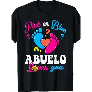 Men'S Gender Reveal T-Shirt - Pink & Blue Footprints & Hearts with "Abuelo Amór" Spanish Text - White Casual Round Neck Short Sleeve Shirt for Expecting Grandparents, Gender Neutral Pregnancy Announcement Gift, All-Season Fit, Family Celebration