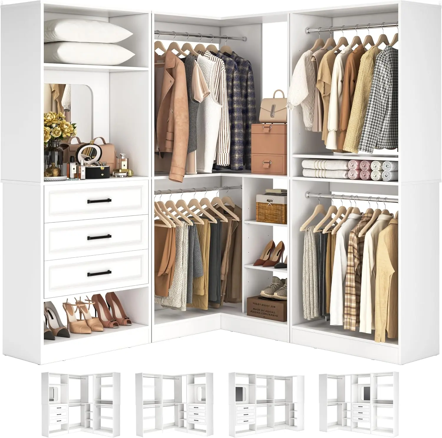 Unikito Closet System with Drawers，86” Modular Corner Closet Organizer System with Mirror，Freestanding Wood Wardrobe Organizer with Hanging Rods & Adjustable Shelves, Walk in Closet Tower