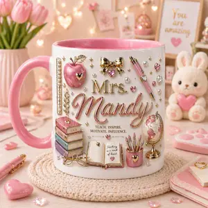 Personalized Teacher Glitter Mug – Custom Name Coffee Cup, Cute Pink Teacher Appreciation Ceramic Gift Mug