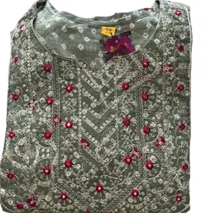 Kurtha Set for Women - Three-Piece Umbrella Design  kurtha in light green and pink dupatta  Embroidered Work on Front and Border, Pure Cotton, Comfortable Fit for Sizes 42 & 44  pant has adjustable waistband - Womenswear, Cloth Clothes Costume