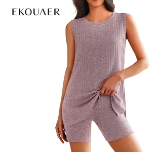 EKOUAER Spring Women's Pajama Sets Summer Striped Knitted Sleeveless Women's 2-Piece Set Cycling Shorts Casual Comfortable Set S-XXL EKOUAER Spring Women's Pajama Sets Summer Striped Knitted Sleeveless Women's 2-Piece Set Cycling Shorts Casual Comfortable Set S-XXL