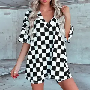 Black Checkerboard Print V Neck Loose Tee and Shorts Lounge Set��gift��