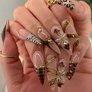 Leopard Print and Gold Accent Press-On Nails, Exotic Animal Print Nail Art with 3D Flowers