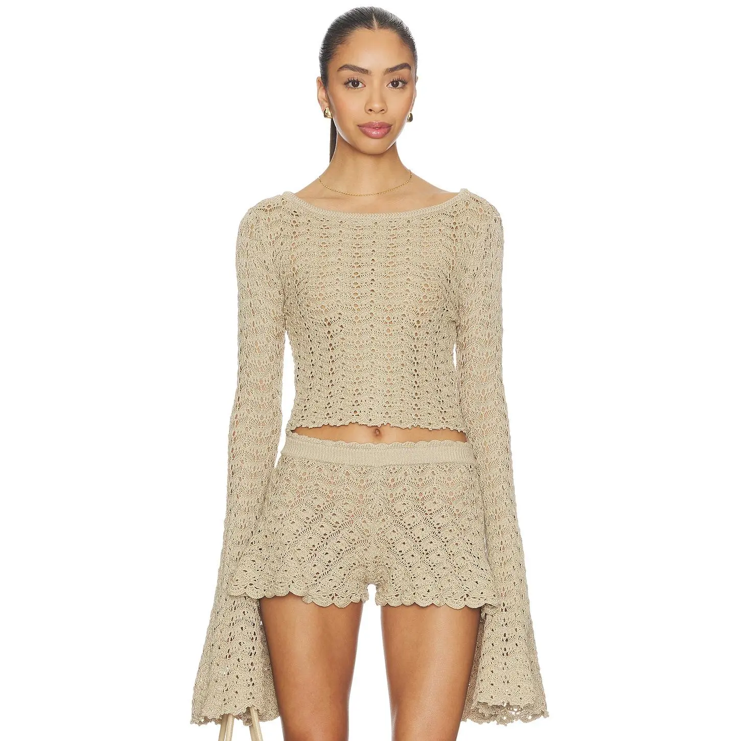 Tularosa Zaylee Boat Neck Open Stitch Sweater in Tan
