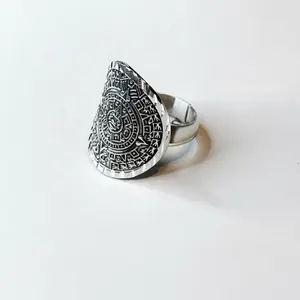 Sterling Silver Aztec Calendar Ring with Unique Design and Engravings