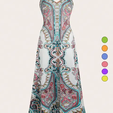 Women's Floral Print Lightweight Knit Dress, Boho Fashion Dress, Boho Style Bohemian Casual Sleeveless Spaghetti Strap Long Fitted Dress for Beach Holiday Vacation, Ladies Summer Clothes, Womenswear #GLOBAL PICKS