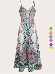 women's floral print dress, casual fitted boho bohemian sleeveless spaghetti strap long dress for beach holiday vacation, ladies summer clothes, womenswear, casual fashion dress