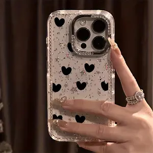 A Luxurious Phone Case Adorned with Black Hearts And Sparkling Rhinestones, Featuring a Transparent Starry Border That Offers Drop Protection. Compatible with Iphone 17 Pro Max, 17 Air, 16, 15, 14 Plus, 13, 12 11
