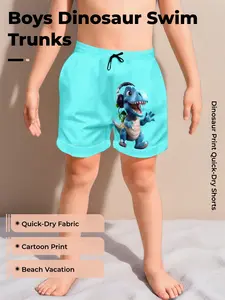 Dinosaur Print Quick-Dry Beach Shorts for Boys, Casual Cartoon Swim Trunks for Summer Vacations, Knee-Length with Elastic Waist