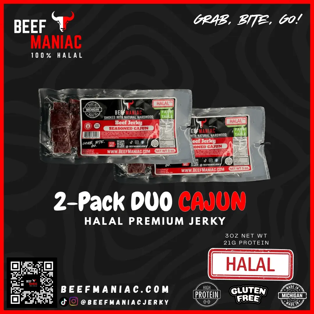 Halal Beef Jerky 2-Pack Duo Cajun by Beef Maniac | Natural Hardwood Smoked Premium Jerky Made in Michigan