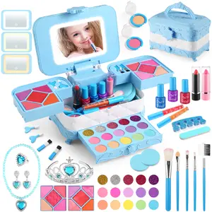 57 in 1 Kids Makeup Kit, with 3-Color Led Makeup Mirror Real Washable Kids Makeup Sets for Girls, Perfect Girl Birthday Gift, Age 3+