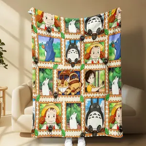 My Neighbor Totoro & Ponyo Flannel Throw Blanket - Stamp Print Design Flannel Blankets#GhibliBlanket #Totoro #Ponyo #CatBus #StudioGhibli #AnimeBlanket #StampStyle