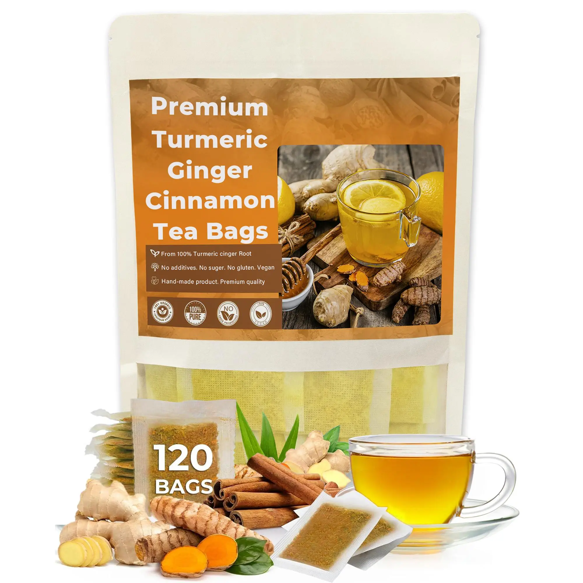 120 Tea Bags - Turmeric Tea, Ginger Cinnamon Herbal Blend, Organic Tea, Handmade Herbal Infusion – No additives, caffeine-free, 100% natural