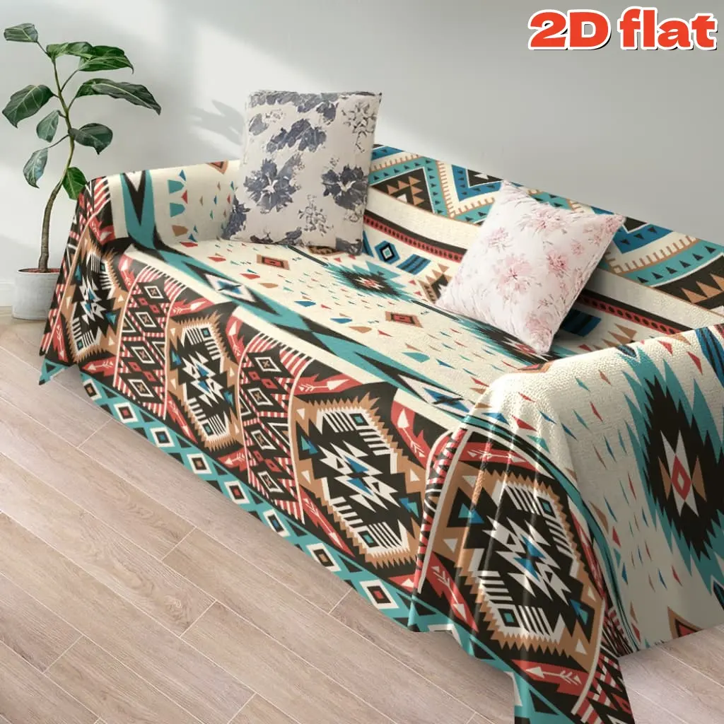 2D flat 1Pc Bohemian Aztec Pattern Sofa Cover - Trendy Geometric Design with Turquoise Brown Coral Vintage Ethnic Style Couch Protector Machine Washable Furniture Perfect for Living Room Home Decor Sofa Slipcover