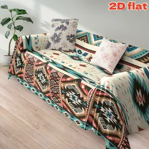 2D flat 1Pc Bohemian Aztec Pattern Sofa Cover - Trendy Geometric Design with Turquoise Brown Coral Vintage Ethnic Style Couch Protector Machine Washable Furniture Perfect for Living Room Home Decor Sofa Slipcover