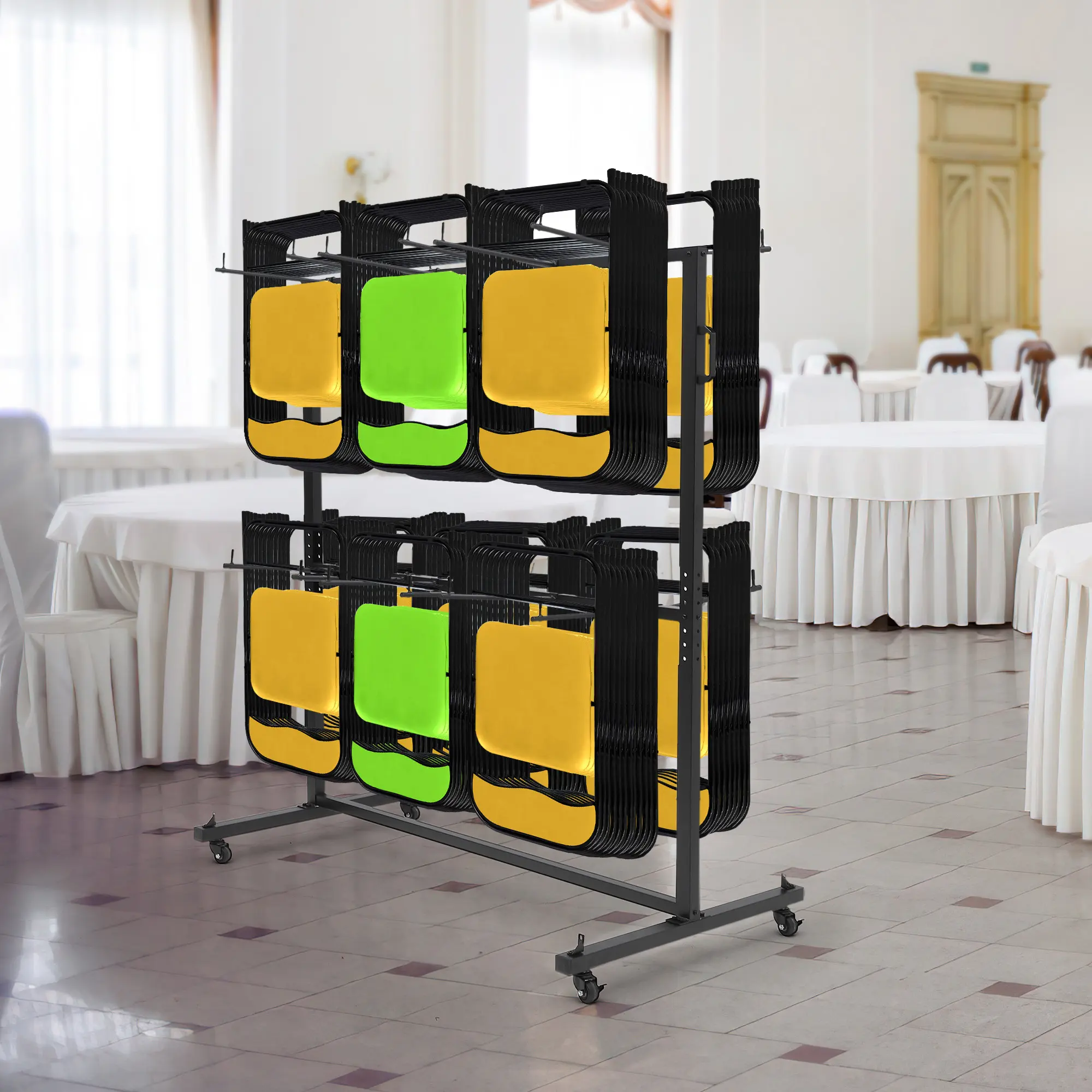 Heavy Duty Carbon Steel Chair Storage Dolly Rack - 800lbs Capacity, 360° Locking Smooth Rubber Wheels, Adjustable Shelf Organizer for Schools, Churches, Businesses (Holds 84 Folding Chairs)