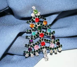 Multicolor Jewel Tone Rhinestone Christmas Tree Brooch, Pin, Holiday Jewelry Gift