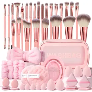 Travel in Style with Our 25Pcs Pink Makeup Brushes & Two Types Makeup Sponges & Water Drop Finger Puffs & Wristbands & Headband & Triangle Makeup Puffs & Storage Bag & Cleaning Brush & Cleaning Sponges, Beauty & Personal Care Tools & Accessories