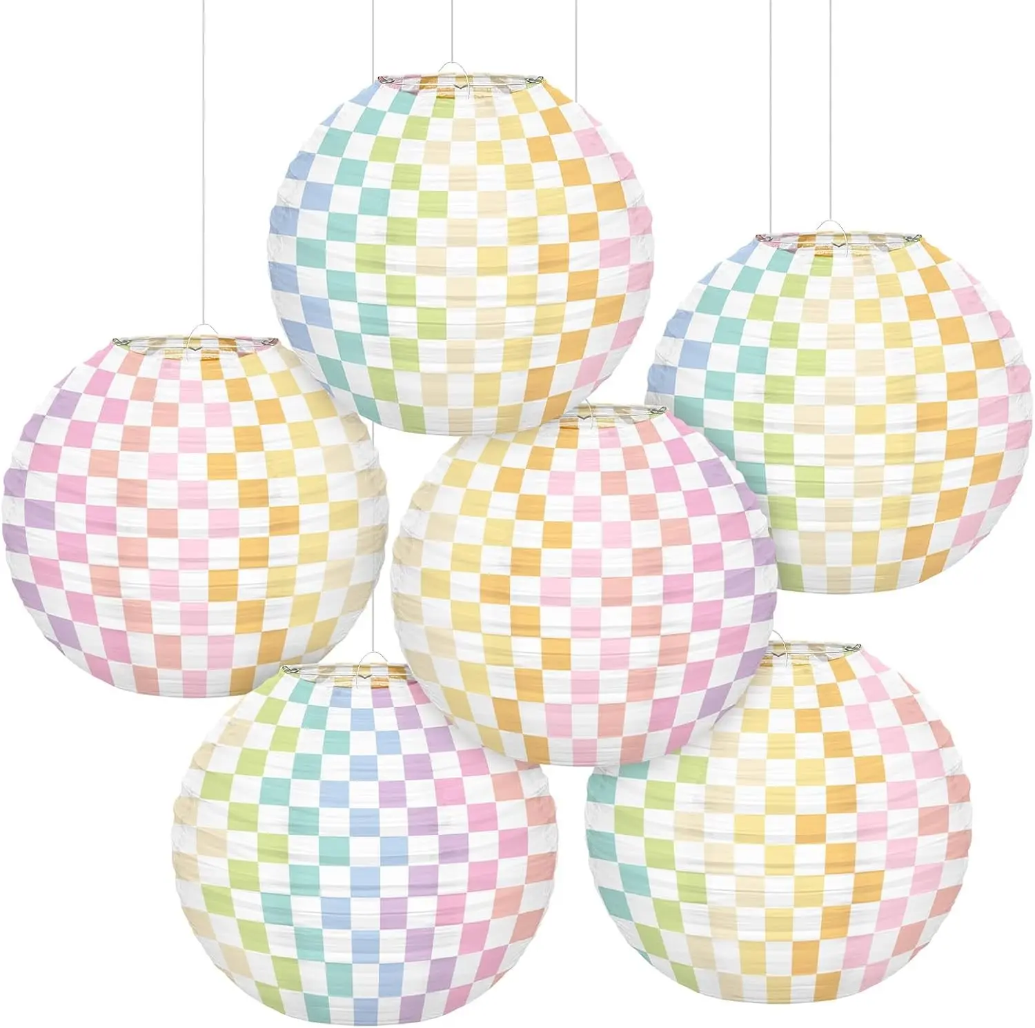 6pcs Pastel Checkered Paper Lanterns Party Decoration, 8inch Pink Gingham Ruond Hanging Lanterns Party Decor for Home Yard Ceiling Classroom Wedding Engagement Birthday Christmas Supplies