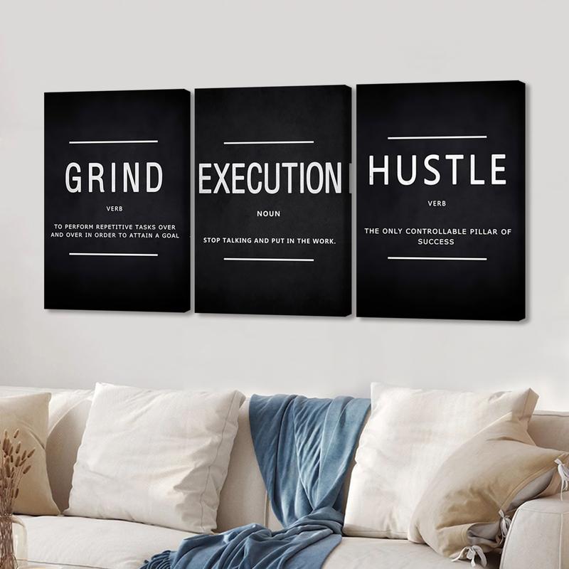 3pcs Wooden Framed Canvas Wall Art, GRIND, EXECUTION, HUSTLE Modern Classic Art Deco Style, Waterproof & Odorless HD 8K Print, Indoor/Outdoor Home Decor for Living Room, Bedroom, Office - Perfect Gift for Friends & Family 3pcs Wooden Framed Canvas Wall Art, GRIND, EXECUTION, HUSTLE Modern Classic Art Deco Style, Waterproof & Odorless HD 8K Print, Indoor/Outdoor Home Decor for Living Room, Bedroom, Office - Perfect Gift for Friends & Family