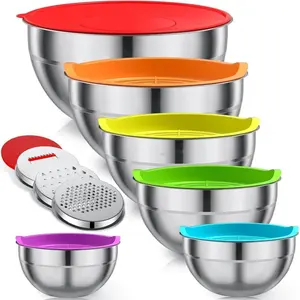 Stainless Steel Mixing Bowls Set with Colorful Lids,6 Piece with 3 Graters,Stackable for Baking Supplies Mixing Bowl,Serving Stackable 4.5QT to 0.7QT