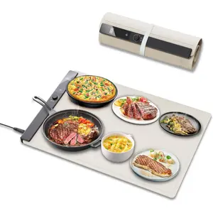 Warming Mat, Electric  Warming Tray with 6 Level Adjustable Temperature, Heating Fastly in 10s, Timed Function, Portable Roll-Up Mat for Family Gatherings, Buffets and Parties (White)