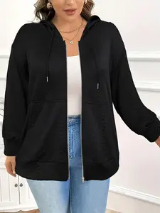 【Plus Size】 Fitted Solid Drawstring Zip Up Hooded Coat, Essential Casual Long Sleeve Pocket Outerwear for Fall & Winter, Women's Clothes for Daily Wear