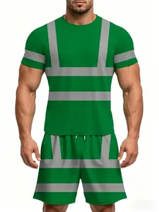 Reflective Safety Workwear Set for Men, Summer Short Sleeve Shorts Two-Piece Kit, Construction Roadwork Clothes with Pockets and Drawstring Waist, Menswear