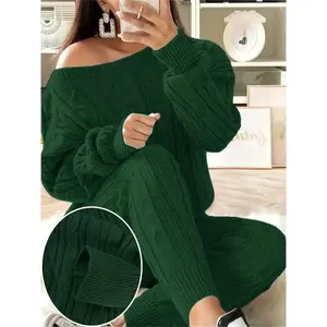 Autumn Winter Women's Knitted Two-Piece Set, Round Neck Long Sleeve Top & Pants, Casual Fashion for Daily WearRAIMENTRY