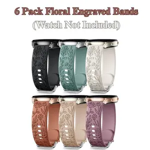 6-Pack Floral Silicone Bands for Samsung Galaxy Watch – Engraved 20mm Sport Straps for Watch 7, 6, 5, 4, Active 2, FE, Classic & Pro Models, Cute Women’s Style (Watch Not Included)