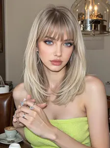 14 Inch Blonde Long Straight Wigs for Women, Gorgeous Fluffy Wigs with Curtain Bangs, Synthetic Full Machine Wigs, Synthetic Hair Wigs for Party, Daily Use