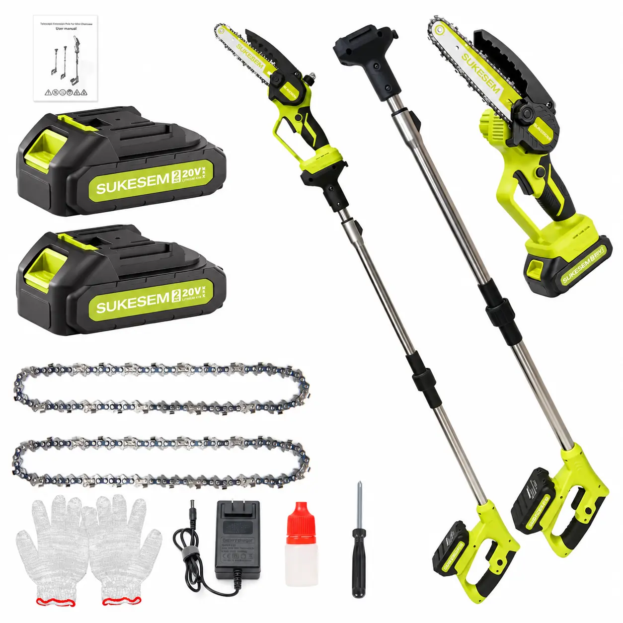 SUKESEM Cordless Pole Saw, 6-Inch Electric Tree Pruner with Adjustable Extension Pole, Lightweight Battery Powered Cutting Tool for High Branches, Yard and Garden Maintenance