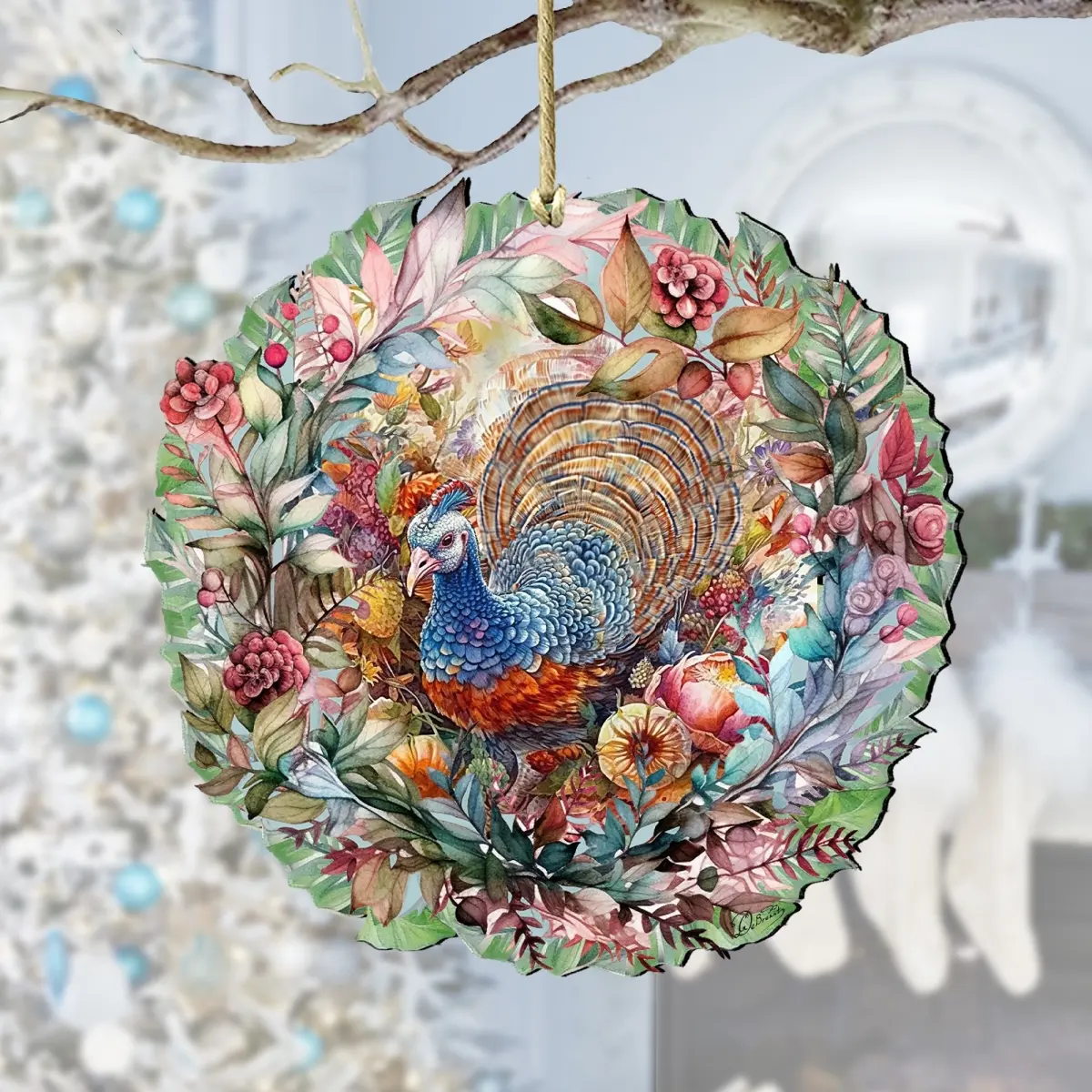 Designocracy 8611083 Artistic Hanging Wooden Turkey Animal Wreath Ornaments, 5x5.5x0.25 in, Weather Resistant Thanksgiving Festive Home Decoration, Holiday Gift with Gift Bag Included