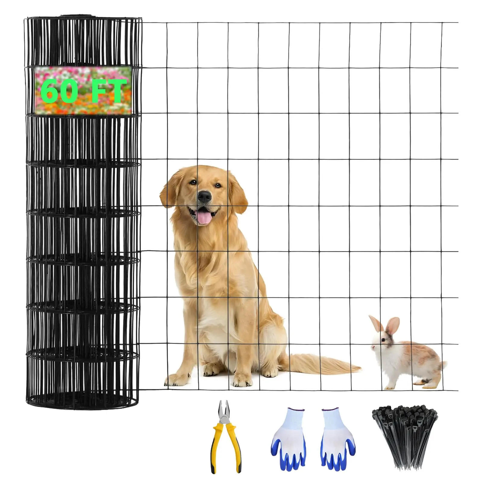 GARVEE Black 16GA Welded Wire Mesh Roll, 24in x 60ft 2"x3" Secure Mesh Garden Barriers, Vinyl Coated Guard with Cutting Plier & Gloves, Easy to Use for Chicken Coop Fences & Balcony Protection