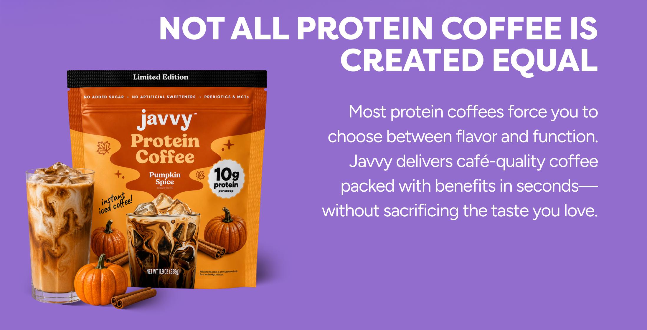 Javvy Limited Edition Pumpkin Spice Protein Iced Coffee - Premium Whey Protein & Instant Iced Coffees - 100% Natural Cold Brew - Zero Artificial Flavors & Sweeteners, 80 mg Caffeine, No Added Sugar, 20 Servings
