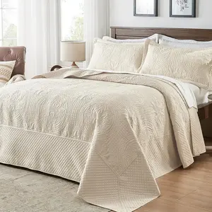 Oversized King Bedspread 132x 120, Extra Wide Alaska King Bedspread, 3 Piece Soft Microfiber Lightweight Oversized King Quilts Set, Vintage Persian Pattern, with Pillow Shams, Beige