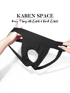1Pc Men's Solid Color Double Strap Hip Lift Thong, Front & Back Hollow, Plain, Breathable & Comfortable, Underwear, For Sports & Fitness