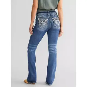 Embroidered tight height waisted denim pants flared pants high rise jeans Comfort WomenswearGiftGift