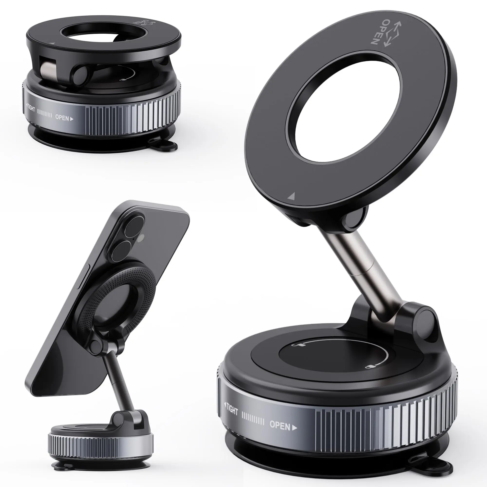 Washable Vacuum Suction MagSafe Car Phone Mount, 360° Rotatable N52 Strong Magnetic Phone Holder, Reusable Nano Gel Mount for Dashboard Windshield Desk Bathroom Compatible with iPhone
