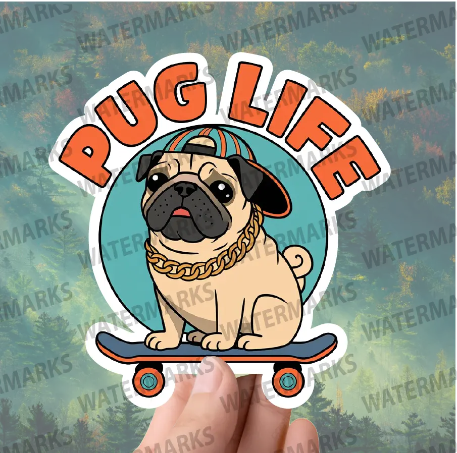 Pug Life Sticker | Funny Pug on Skateboard Art | Perfect for Laptops, Water Bottles, Journals, and Dog Lovers