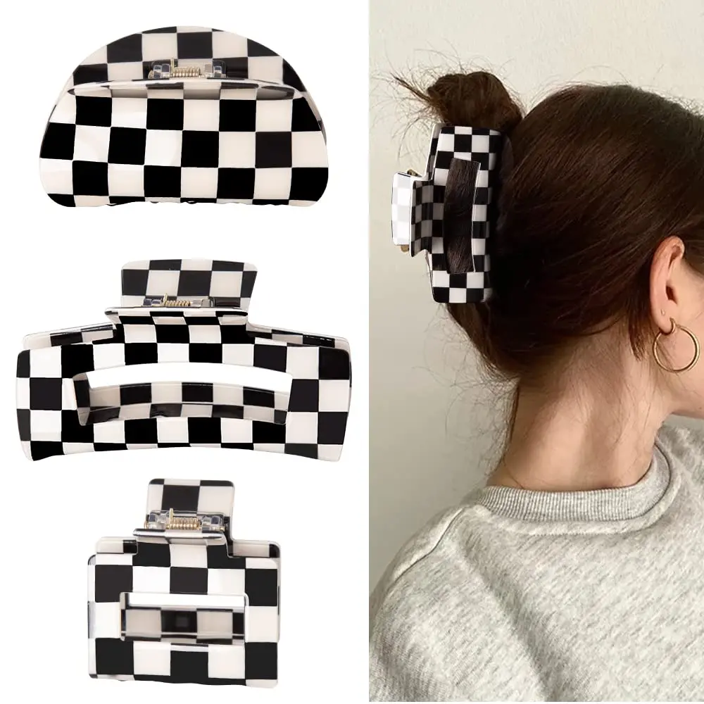 3 PCS Vintage Checkered Y2K Hair Barrettes, Aesthetic  Claw Clips for Women and Girls