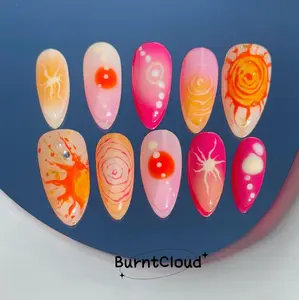 GOLDEN SUN | Vibrant Pink & Orange Aura Press On Nails | Hand-painted Abstract Sun Fake Nails | Summer Swirl Aesthetic | Custom Freestyle Almond Set 2026