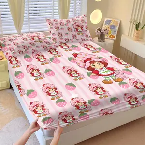 Vintage Strawberry Sweetheart Princess Fitted Sheet Set & 2 Pillowcases, Red-Haired Girl Wearing a Strawberry Hat & Strawberry Kitten Pattern, Soft Comfortable Easy Care, Farmhouse Bedroom Decor Gift Choice