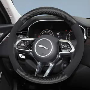 For JAGUAR Carbon Fiber Texture Leather Suede Steering Wheel Cover Accessories Ultra-thin anti-slip Breathable Protective Cover For F-PACE/E-PACE/I-PACE/F-TYPE/XF Black Wine Red Brown Mocha brown