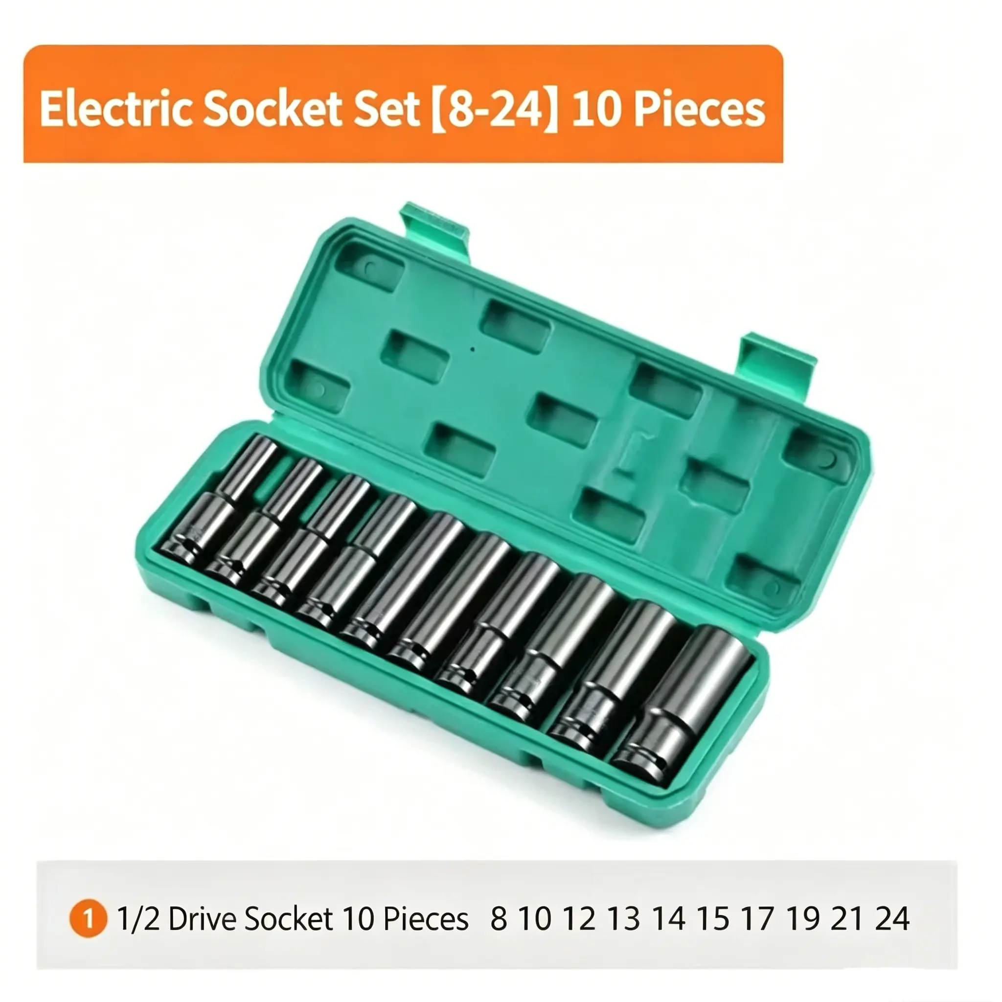 10-Piece 1/2 Inch Drive Metric Deep Impact Socket Set 8-24mm, Chrome Vanadium Steel Deep Wall Sockets Kit with Storage Case for Cordless Impact Wrench, Automotive Tire Repair Garage Mechanic DIY Tools