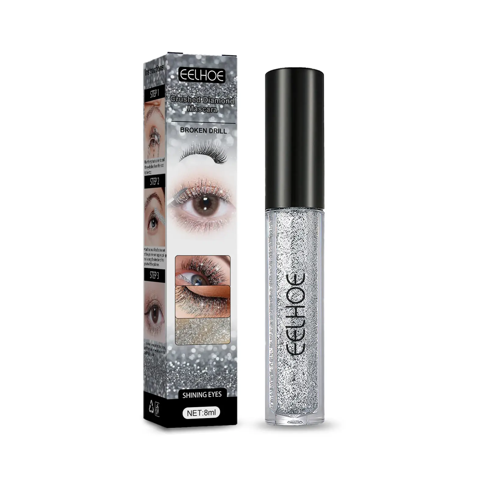 EELHOE Crushed Diamond Mascara, Set Primer Instant Dry Film Flash Tear Eye Non-Smell-Free Mascara Peptide-Rich Lash Serum