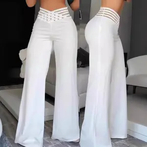 2025 Women High Waist Pants with Hollow Belt Design Elegant Office Wear Flared Wide Leg Trousers Fashion Casual