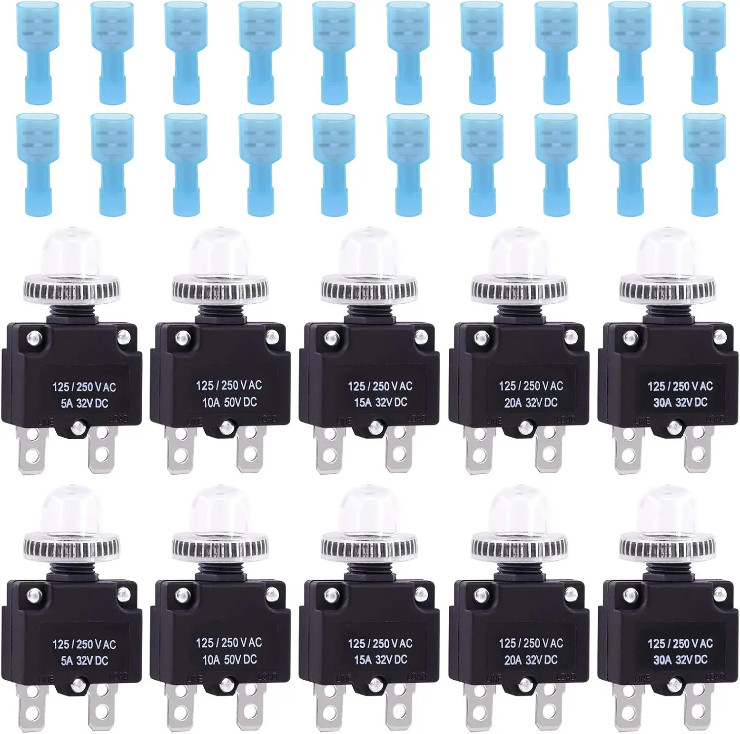 30Pcs 5A 10A 15A 20A 30A Circuit Breakers Thermal Overload Protector Switch with Manual Reset 32VDC, AC125-250V With Quick Connect Female Spade Terminal and Waterproof Button Caps