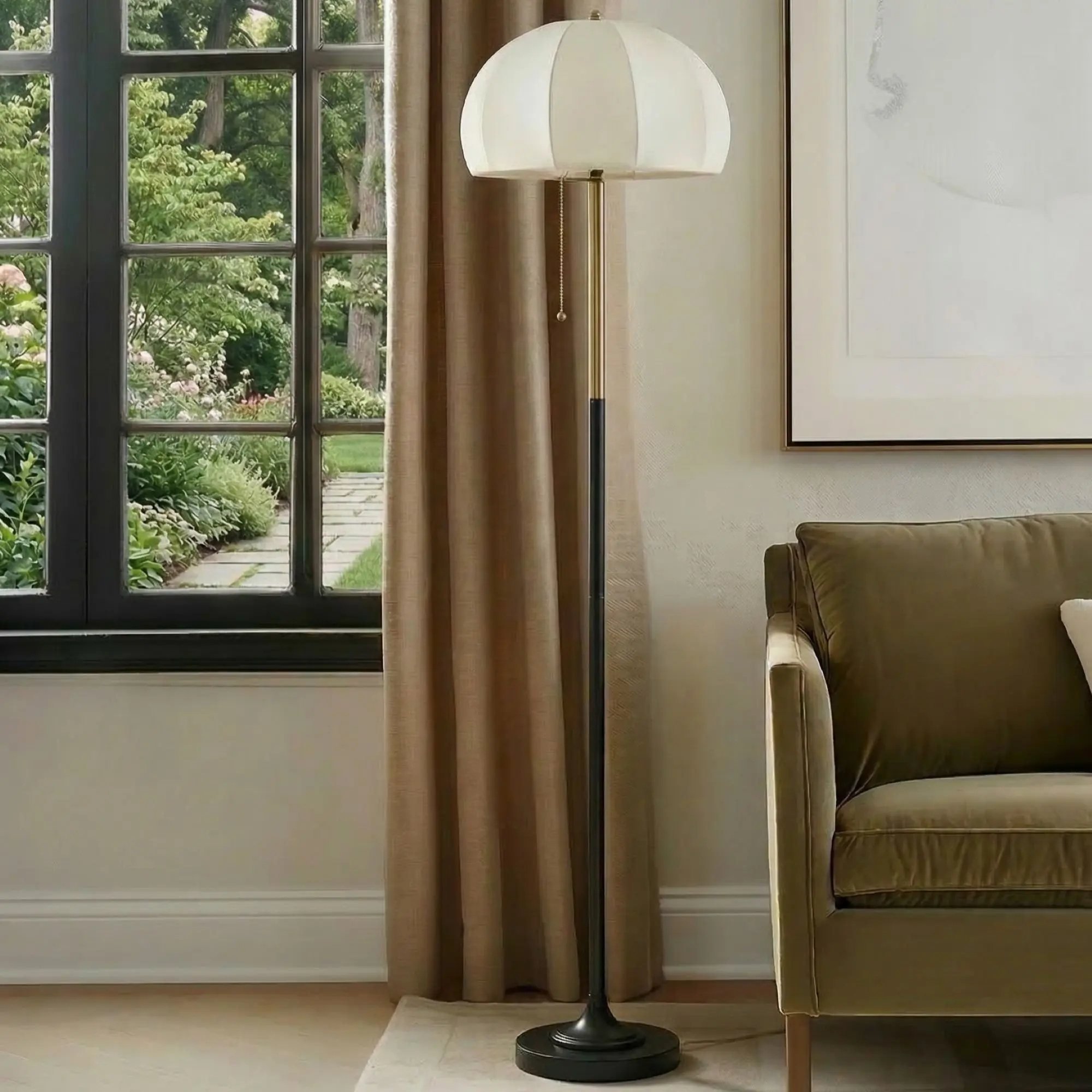 White Textured Ceramic Floor Lamp with Fluted Fabric Drum Shade, Tall Standing Pole Light for Living Room, Bedroom, Office, E26 Base, Modern Home Decor Lighting Fixture